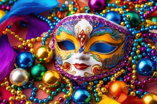 Vibrant Masks and Colorful Beads: A Festive Mardi Gras Celebration of Joyous Revelry and Carnival, generative AI