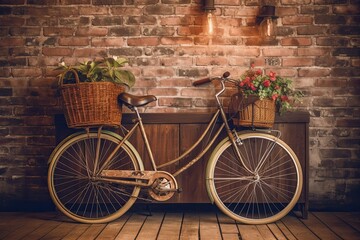 Fototapeta na wymiar Retro Vibes: Nostalgic Background with Vintage Bicycle Against Rustic Brick Wall, generative AI