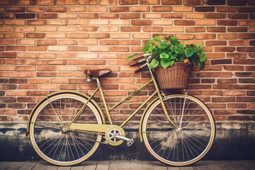 Fototapeta na wymiar Vintage Bicycle Leaning Against Rustic Brick Wall: Nostalgic Background with Retro Vibes, generative AI