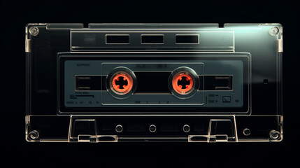 Fototapeta na wymiar Black retro audio cassette tape on dark background, AI Generation