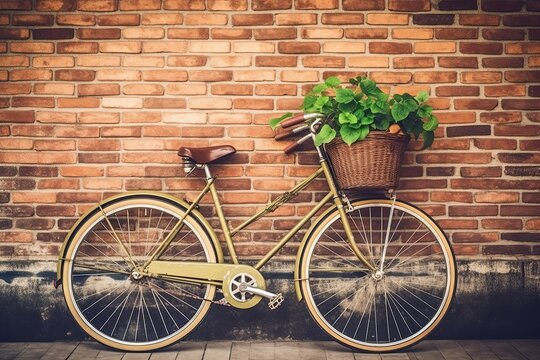 Vintage Bicycle Leaning Against Rustic Brick Wall: Nostalgic Background with Retro Vibes, generative AI