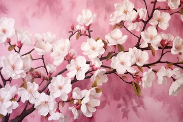 Full Bloom: Delicate Cherry Blossoms on a Serene Pink Background - A Romantic Springtime Splendor, generative AI
