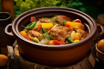 Stewed Pork in a clay pot, surrounded by colorful summer vegetables