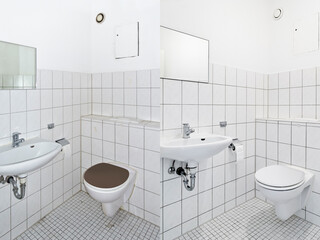 Home staging or home improvement concept: washroom, wc, lavatory or toilet with white tiles: grimy...