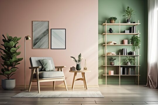 A contemporary room with a chair and a spot to mock up your idea. both a table and a shelf. vibrant wall. in a cap, a plant. Generative AI