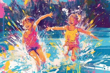 Obraz na płótnie Canvas Colorful Water Park: Splashing Fun with Playful Children in a Playful Background, generative AI