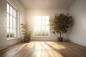 a barren room with a plant and a hardwood floor. Generative AI