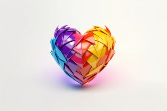 Multicolored three-dimensional heart of geometric shapes on white background. Generative AI