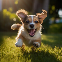 Adorable puppy with floppy ears and big round eyes, running towards camera, radiating pure joy and innocence