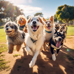 Fototapety  Group of dogs of different breeds and sizes frolicking in a vibrant dog park, with tails wagging, tongues out, and a sense of pure bliss as they engage in joyful social interaction