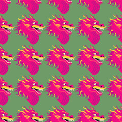 Bright purple dragon on a green background endless pattern. Vector seamless ornament.
