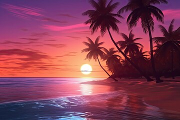 Fototapeta na wymiar Tranquil Beach at Sunset: Gentle Waves, Silhouette of Palm Trees in Serene Background, generative AI