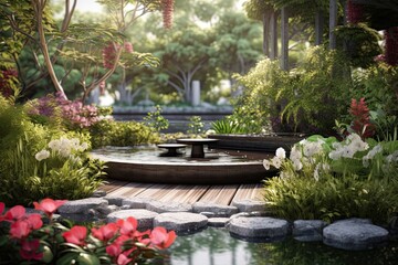 Tranquil Zen Garden: Creating Serenity with a Peaceful Water Feature and Harmonious Atmosphere, generative AI