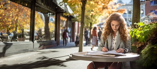 woman sitting on a table on a bustling city street writing in the documents spread accross the table - concept of productivity in remote work - flexible work in the city - generative ai