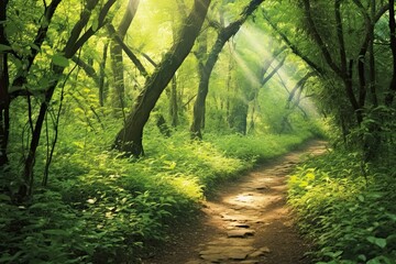 Fototapeta na wymiar Tranquil Forest Path: Filtering Sunlight Through Canopy for Serene Nature's Serenity, generative AI