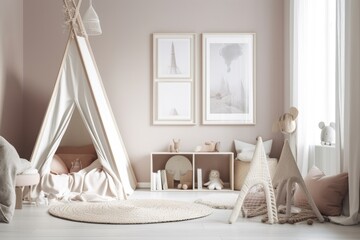 a fake picture frame in a child's room or nursery, a Scandinavian style interior with soft colors and decorations and adorable, cozy furniture,. Generative AI