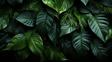 Closeup Nature View: Green Leaves and Palms Background. Flat Lay, Dark Nature Concept - Tropical Leaves