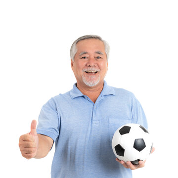 Lifestyle senior man feel happy holding football soccer ball prepare for Cheer team favorite isolated on white background