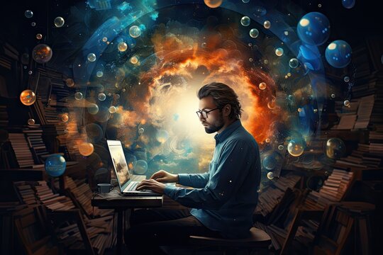 man working on desk with distractions thought bubbles around him -  productivity when focused - threat of procrastination - time management - generative ai