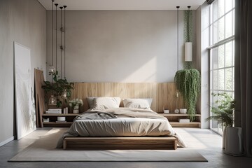 a bed in a contemporary apartment, a mock up of the bedroom's interior with an empty wall,. Generative AI
