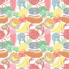 Colored food pattern. Doodle food background