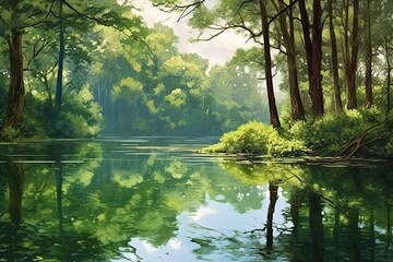 Fototapeta premium Lush Greenery and Serene Lake: Reflections of Calm in a Tranquil Background, generative AI