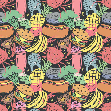 Seamless food pattern. Doodle food background