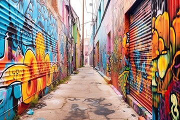 Fototapeta premium Colorful Urban Expression: Vibrant Street Art in Graffiti-Adorned Alley, generative AI