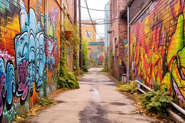 Fototapeta premium Vibrant Street Art: Colorful Graffiti-Adorned Alley and Urban Expression, generative AI