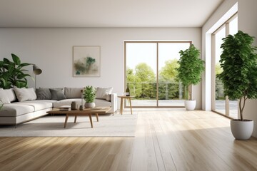 A spacious living room adorned with white walls and wooden flooring, featuring a prominent green plant positioned at the heart of the space.
