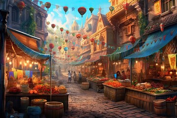 Naklejka premium Colorful Street Market: Bustling Vendors and Aromatic Food - Uncovering Cultural Delights, generative AI