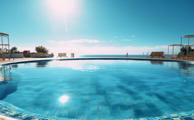 Obraz premium summer swimming water large blue palm luxury relaxation pool home. Generative AI.