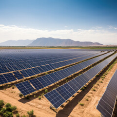 Sprawling solar farm with rows of photovoltaic panels glistening in the sunlight, harnessing clean and renewable energy from the sun to power homes and businesses