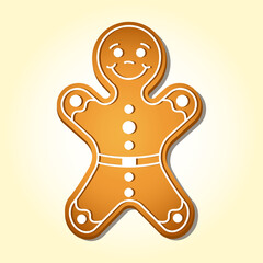 Gingerbread happy man, Christmas traditional sweet cookie with sugar ornament for Santa. Cartoon vector illustration