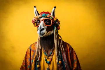 Deurstickers Camels in hipster costumes on a yellow background © Aistock