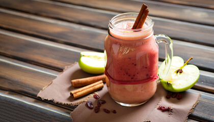 Healthy breakfast: smoothies with red apple and cinnamon in a glass mason jar on a wooden background
