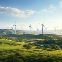 Obraz premium Vast wind farm set against a backdrop of rolling hills, with wind turbines harnessing the power of the wind to generate clean and renewable energy, demonstrating the potential of wind power