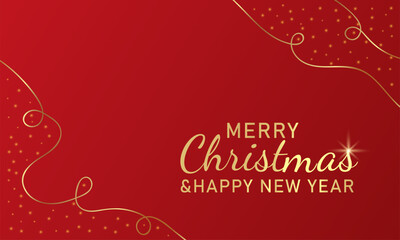 Merry Christmas and Happy New Year web banner illustration with gold threads and sequins.Merry Christmas greeting on a red background with golden elements. Vector