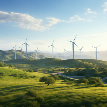 Vast wind farm set against a backdrop of rolling hills, with wind turbines harnessing the power of the wind to generate clean and renewable energy, demonstrating the potential of wind power