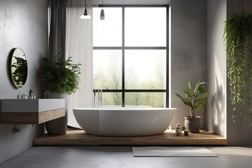 Fototapeta na wymiar A gray bathroom with a concrete floor and a white bathtub with a sizable gray towel hanging from it. Above it is a window. corner planter with a potted plant. a mockup. Generative AI