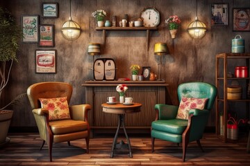 Timeless Charm: Retro Cafe with Vintage Furniture and Nostalgic Decor Creates a Vintage Background, generative AI
