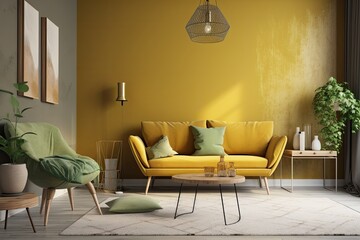 a living area with a yellow sofa and decorations against a mint wall. Generative AI