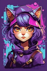 a spy anime cat girl with purple colour clothing style also using a hat