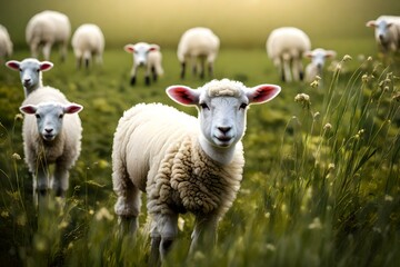 Fototapeta premium sheep and lambs in field generative in ai