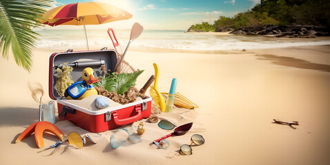 summer holiday on the beach, An opened suitcase full of sea things: mask with tube, goggles, plastic duck, bucket, plastic spade, plastic rake, full of sea things, sub mask, On Sand In Tropical Beach 