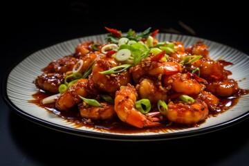 Szechuan Shrimp, plated neatly with a garnish of spring onions, served on a white plate against a dark background