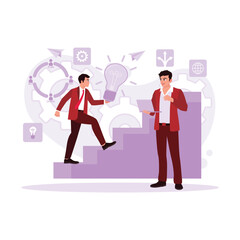 The entrepreneur is carrying the laptop and walking up the stairs with a lamp filled with ideas, trying to build alternative paths. Trend Modern vector flat illustration.