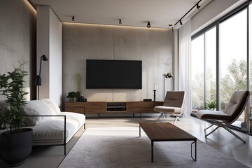 a contemporary living area with a white wall and a wide screen TV on the TV stand. in front. Generative AI