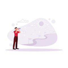 Businessman is standing and looking ahead through a telescope toward a career path. Trend Modern vector flat illustration.