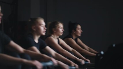 Young Athletic Women Exercising On Rowing Machine In Gym, Fitness And Sport For Stay Healthy